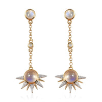 Kuisa Rainbow Moonstone, White Zircon Celestial Sun Drop Statement Earrings in Vermeil YG Over Sterling Silver 4.50 ctw
