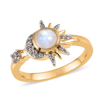 Kuisa Rainbow Moonstone and Natural White Zircon Celestial Sun & Moon Ring in Vermeil Yellow Gold Sterling Silver 0.75 ctw