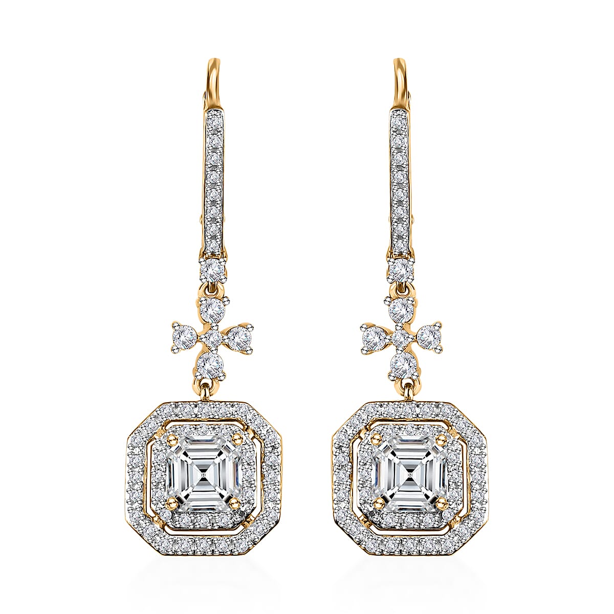Asscher Cut Moissanite Dangling Earrings in Vermeil Yellow Gold Over Sterling Silver 3.40 ctw