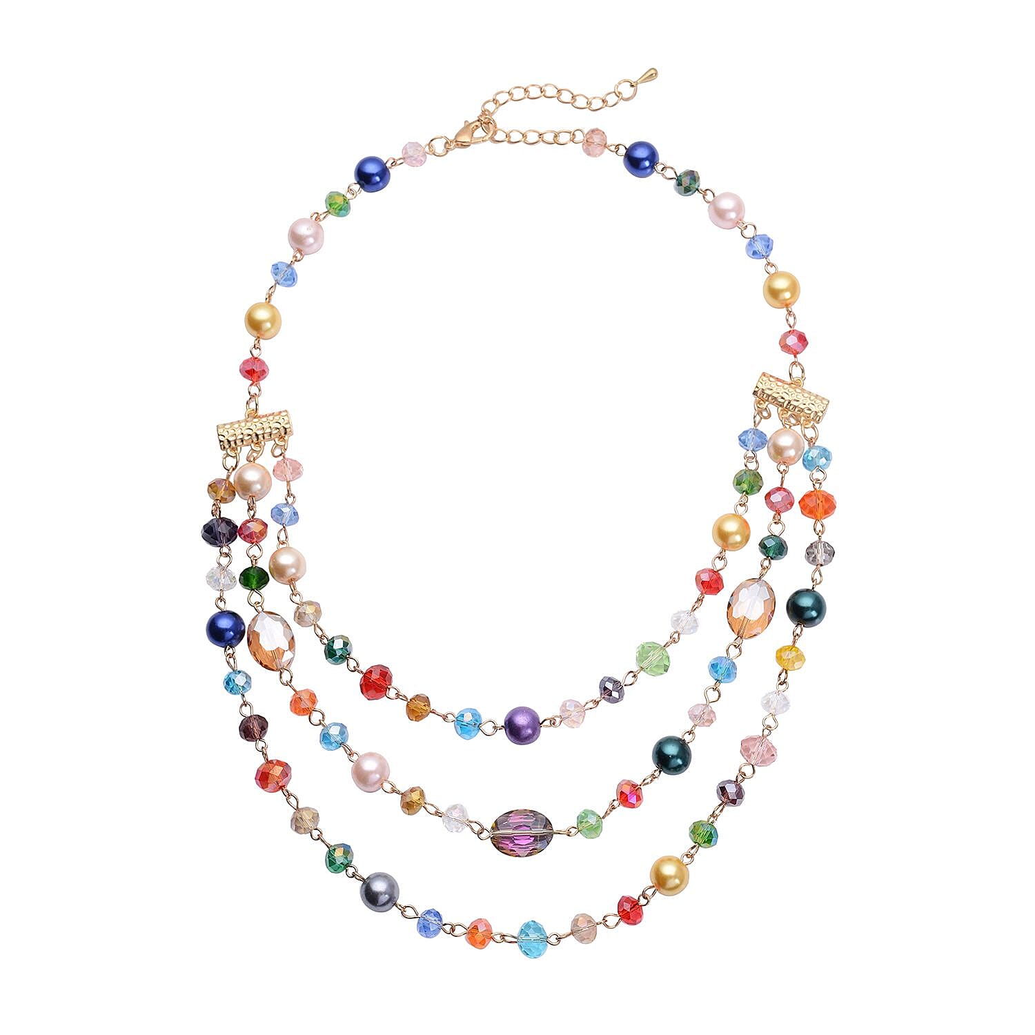 Simulated Multi Color Pearl and Multi Color Glass Layered Necklace 21.5-23.5 Inches in Goldtone