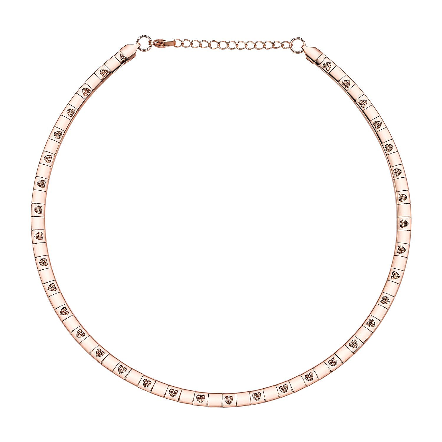 Omega Heart Pattern Collar Necklace 17-19 Inches in ION Plated Rose Gold Stainless Steel 15.50 Grams