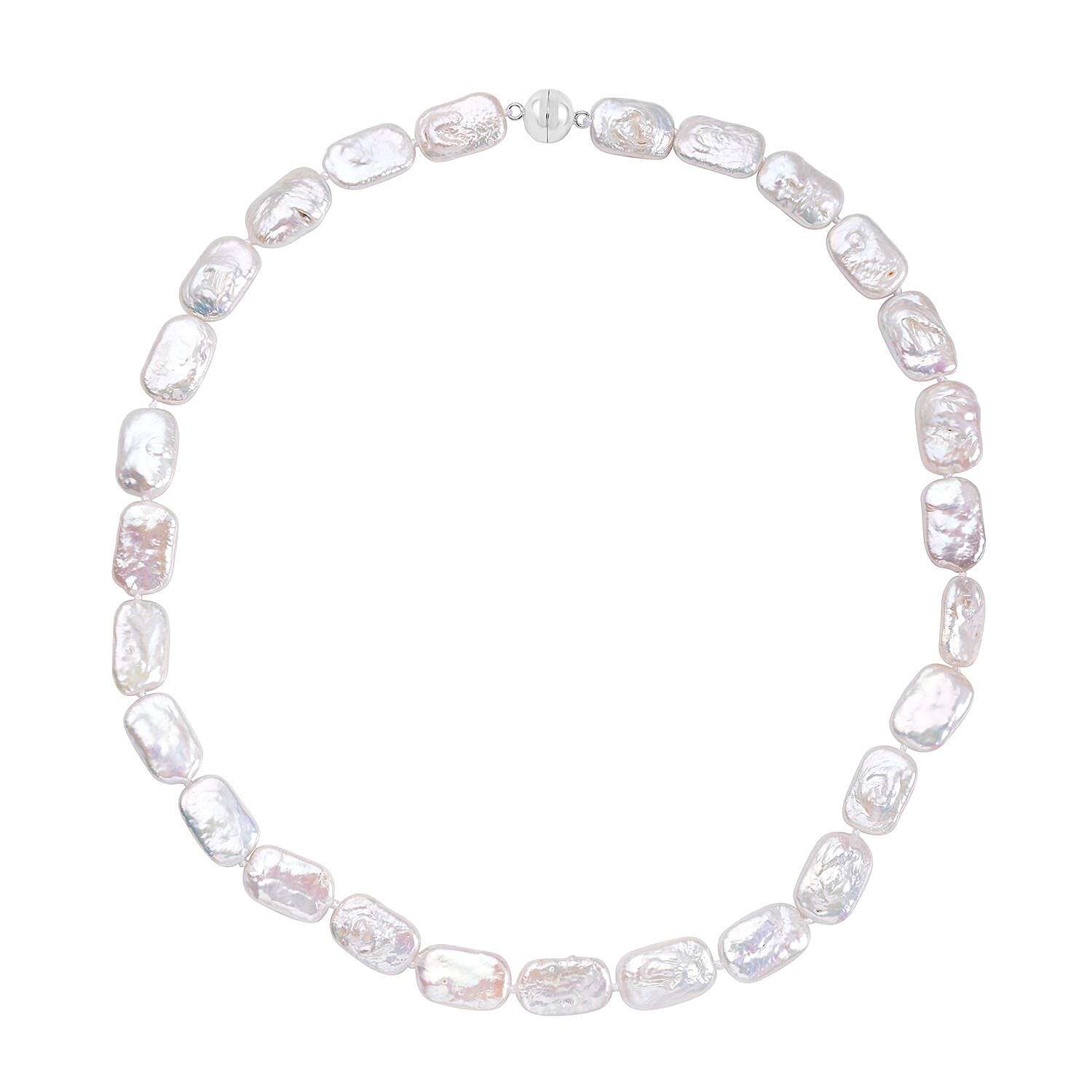 Long Square Shape White Keshi Pearl Necklace 20 Inches in Rhodium Over Sterling Silver