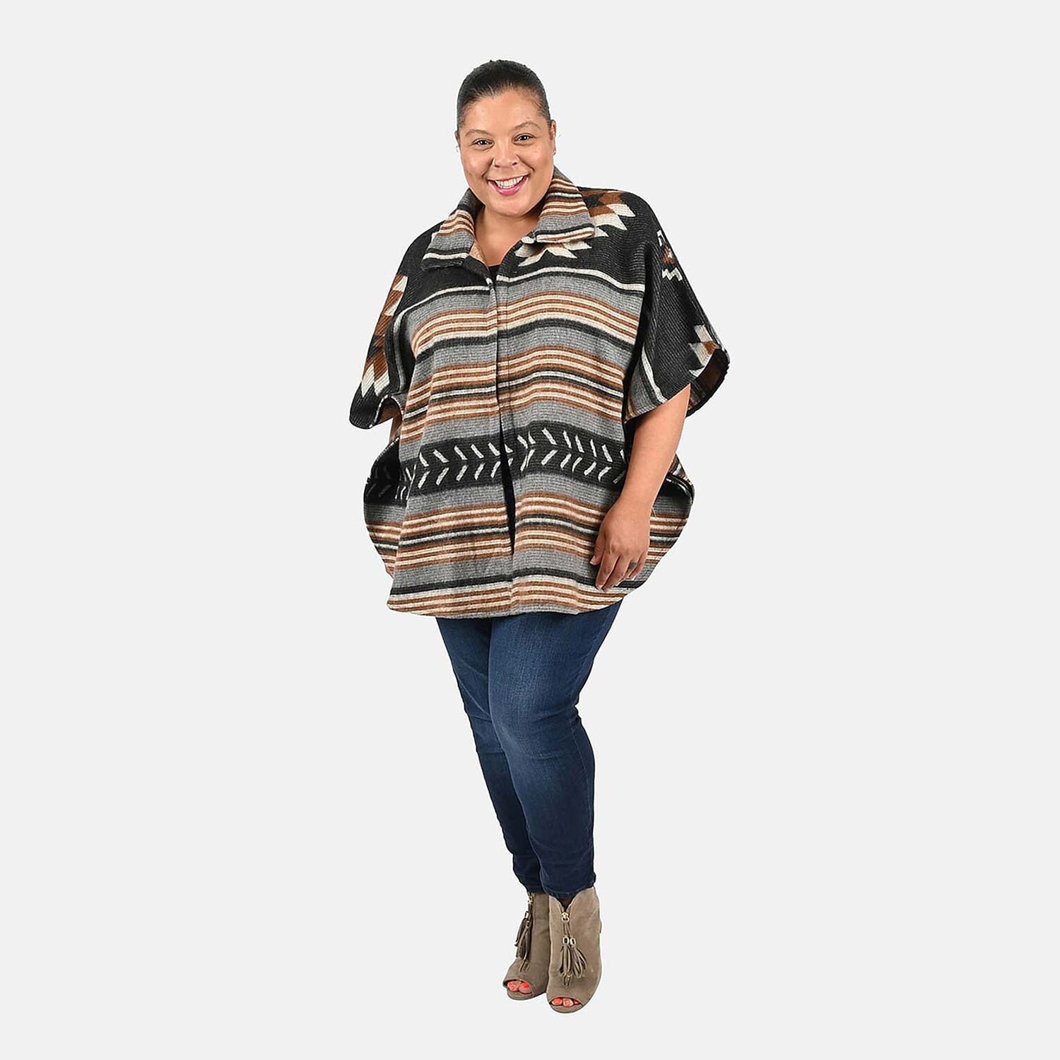 TAMSY Black and Brown Stripe Jacquard Jacket - One Size Missy