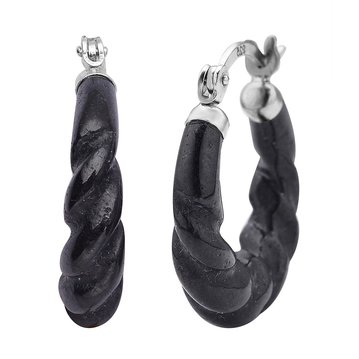Black Jade (D) Carved Twisted Rope Pattern Hoop Earrings in Rhodium Over Sterling Silver 17.50 ctw
