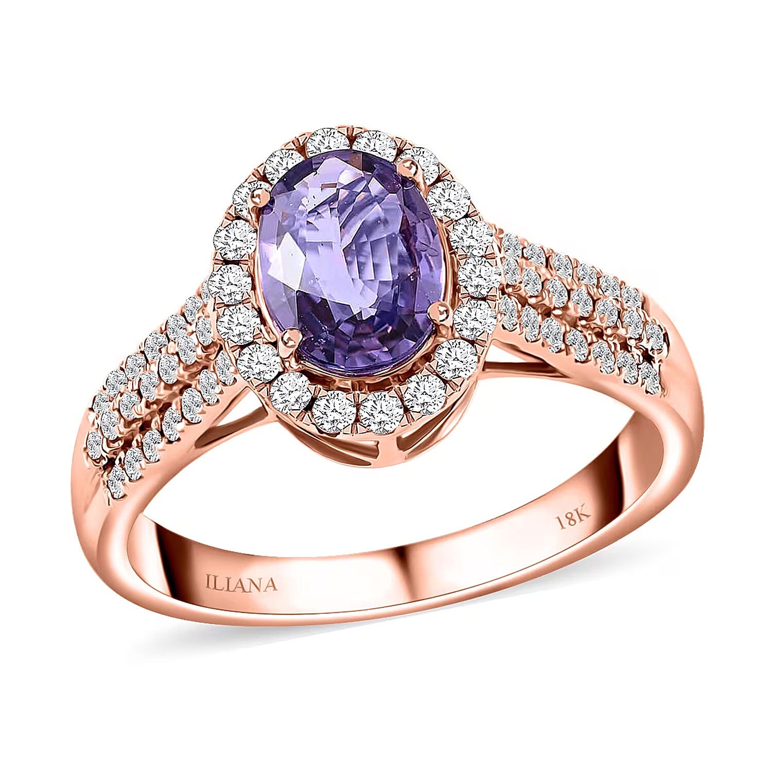Certified & Appraised ILIANA 18K Rose Gold AAA Madagascar Purple Sapphire and G-H SI Diamond Halo Ring 4.10 Grams 1.90 ctw