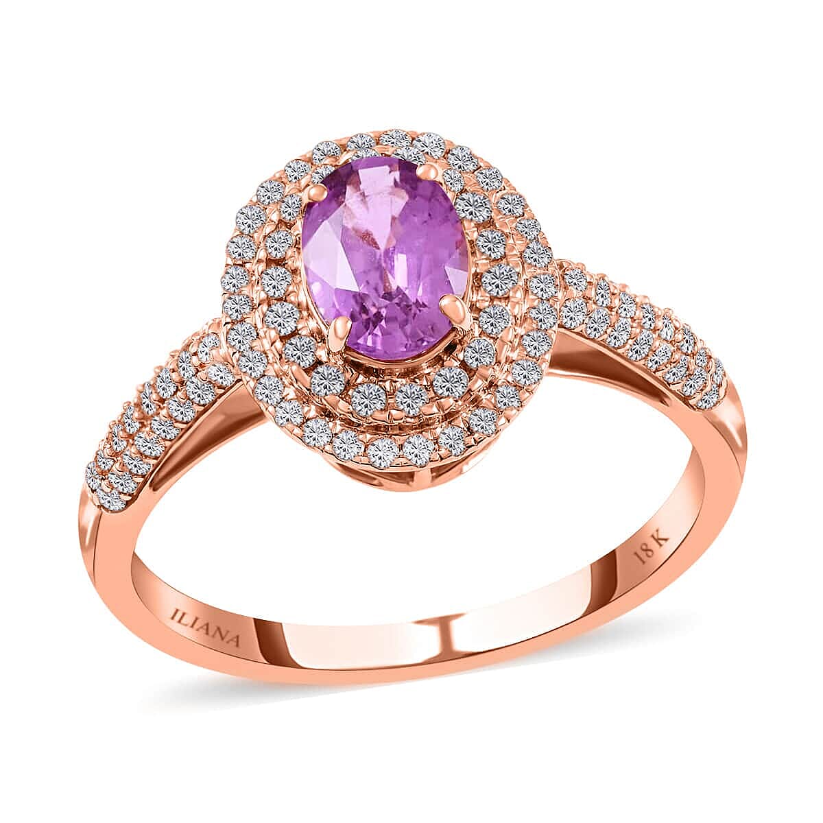 Certified & Appraised ILIANA 18K Rose Gold AAA Madagascar Purple Sapphire and G-H SI Diamond Double Halo Ring 3.85 Grams 1.40 ctw