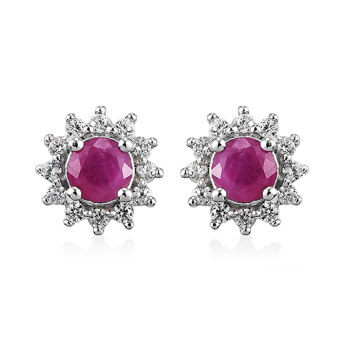 Premium Mozambique Ruby and Natural White Zircon Sunburst Stud Earrings in Platinum Over Sterling Silver 1.00 ctw