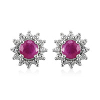 Premium Mozambique Ruby and Natural White Zircon Sunburst Stud Earrings in Platinum Over Sterling Silver 1.00 ctw