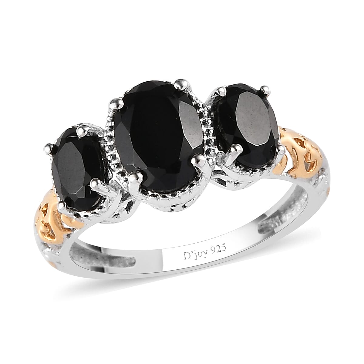 Natural Thai Black Spinel 3 Stone Ring in 14K YG and Platinum Over Sterling Silver 2.85 ctw