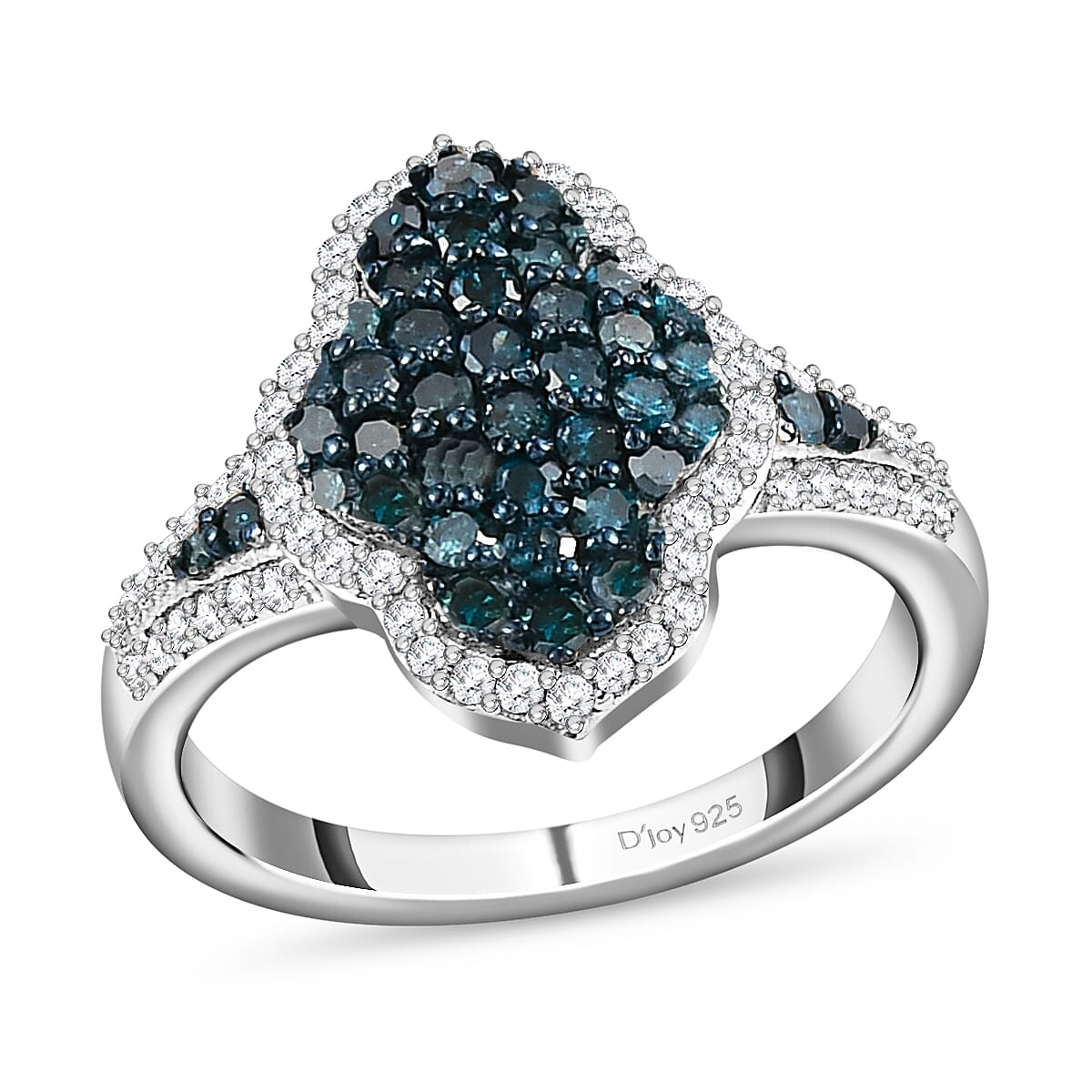 Blue Diamond and Diamond Cluster Ring in Rhodium and Platinum Over Sterling Silver 1.00 ctw