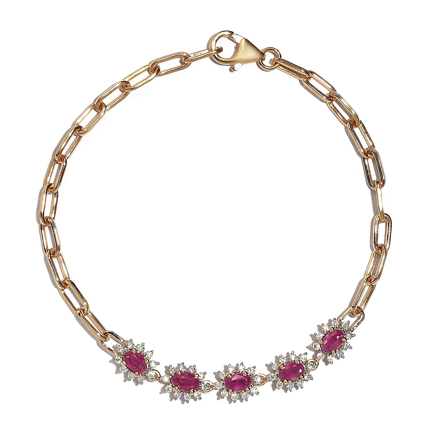 Premium Mozambique Ruby and Moissanite Paper Clip Chain Bracelet in Vermeil Yellow Gold Over Sterling Silver (7.25 In) 2.10 ctw