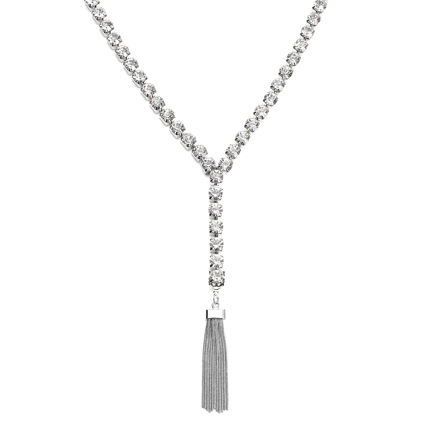 Austrian Crystal Lariat Necklace 28-30 Inches in Silvertone
