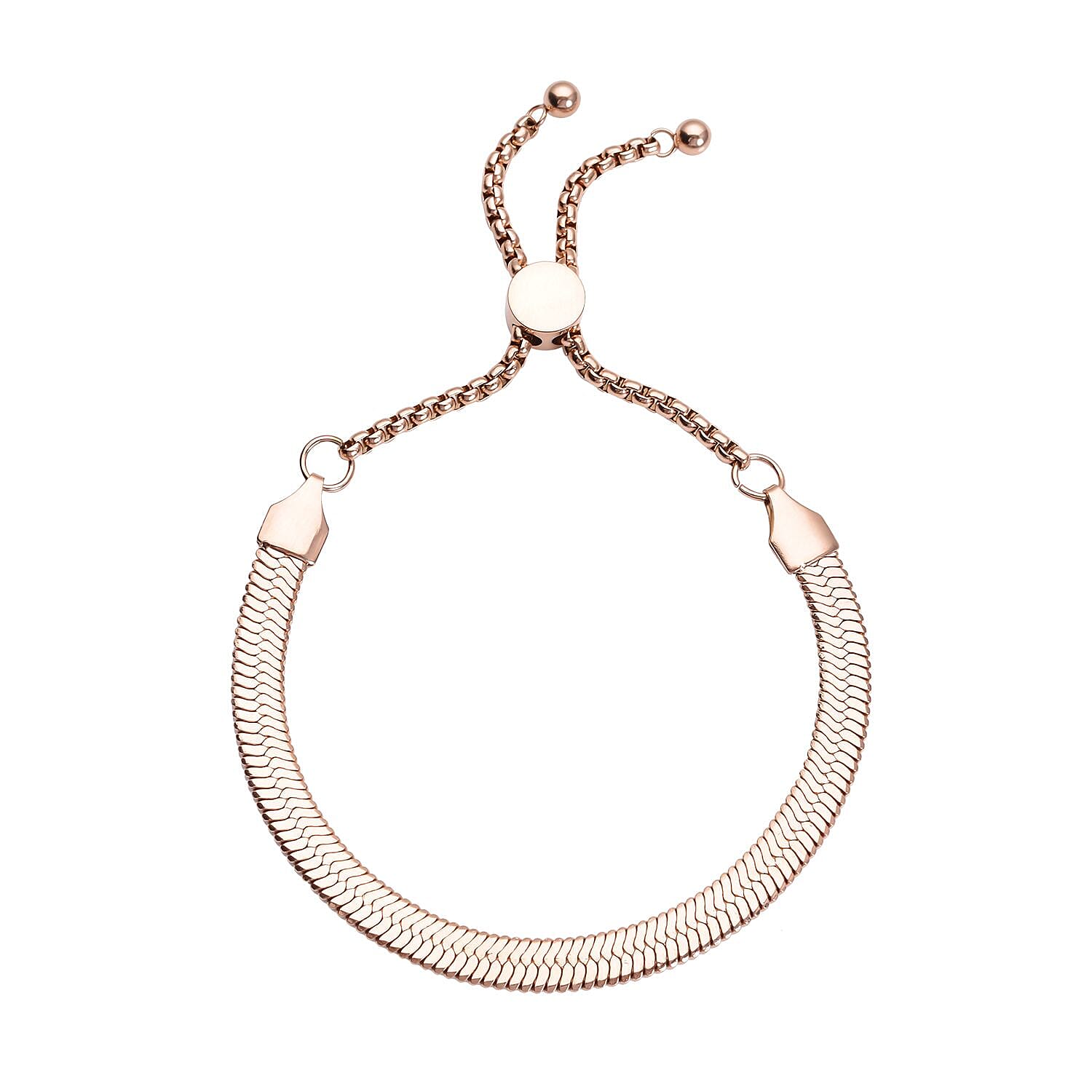 Herringbone Bracelet With Adjustable Ball in ION Plated Rose Gold Stainless Steel (6-9In)