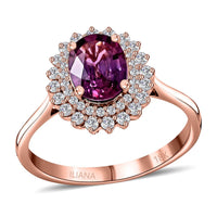 Certified & Appraised ILIANA 18K Rose Gold AAA Madagascar Purple Sapphire and G-H SI Diamond Double Halo Ring 3.50 Grams 1.85 ctw