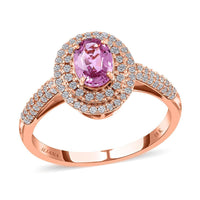 Certified & Appraised ILIANA 18K Rose Gold AAA Madagascar Pink Sapphire and G-H SI Diamond Double Halo Ring 3.60 Grams 1.40 ctw