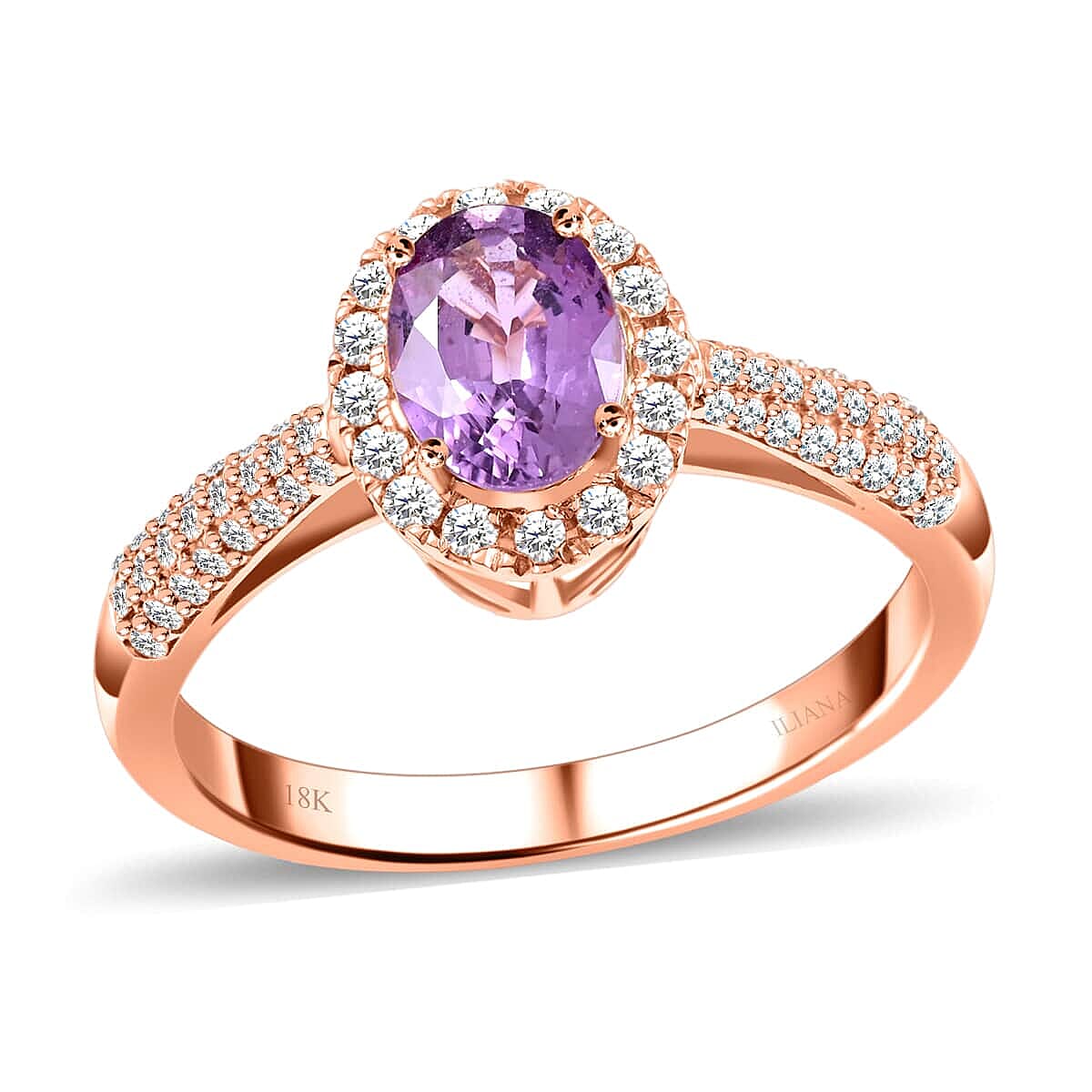 Certified & Appraised ILIANA 18K Rose Gold AAA Madagascar Purple Sapphire and G-H SI Diamond Halo Ring 3.80 Grams 1.35 ctw