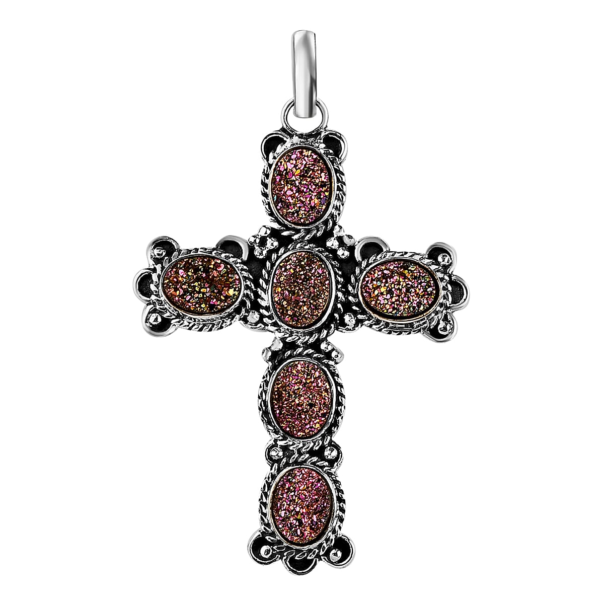 Artisan Crafted Rainbow Drusy Quartz Cross Pendant in Sterling Silver 7.80 Grams 6.90 ctw