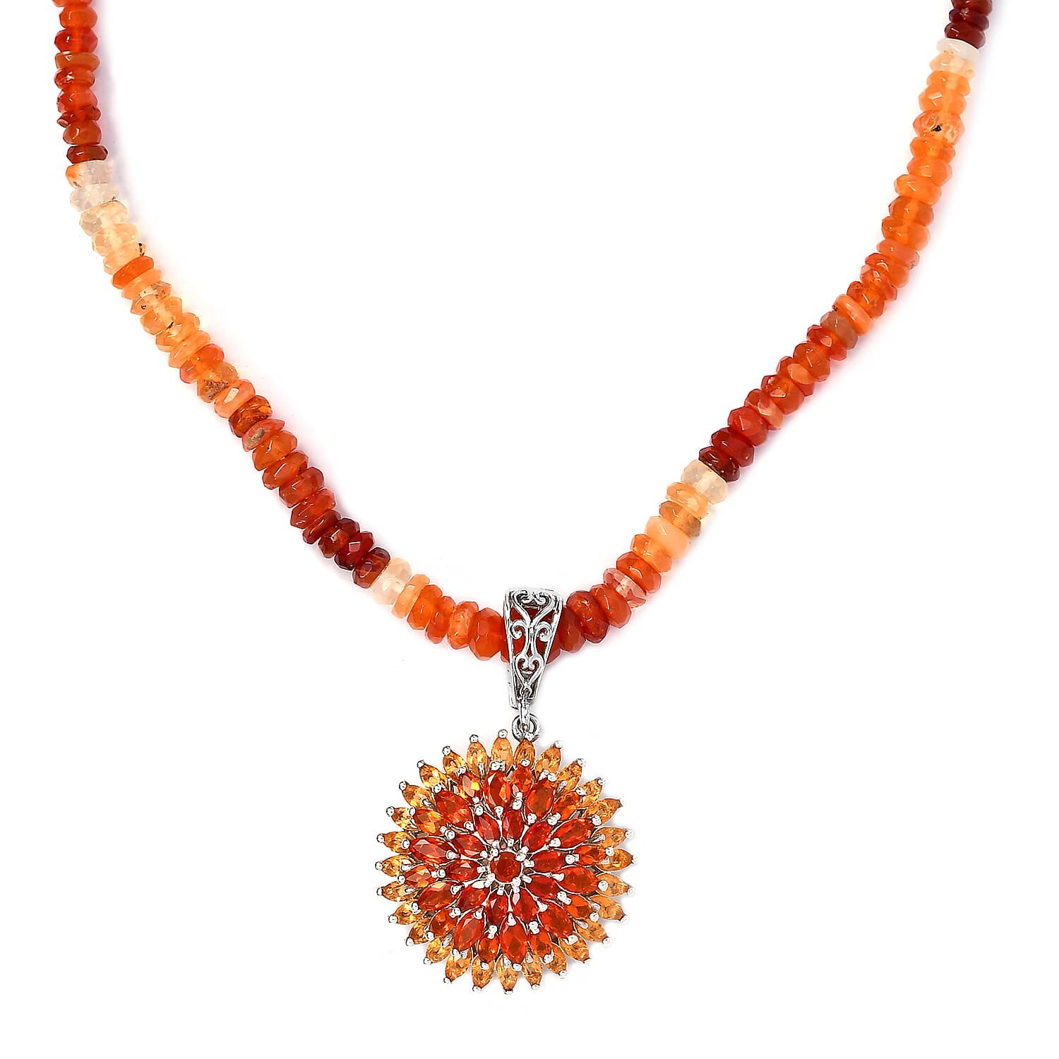 Shades of Fire Opal Floral Spray Pendant with Beaded Necklace 18-20 Inches in Platinum Over Sterling Silver 8 Grams 48.00 ctw