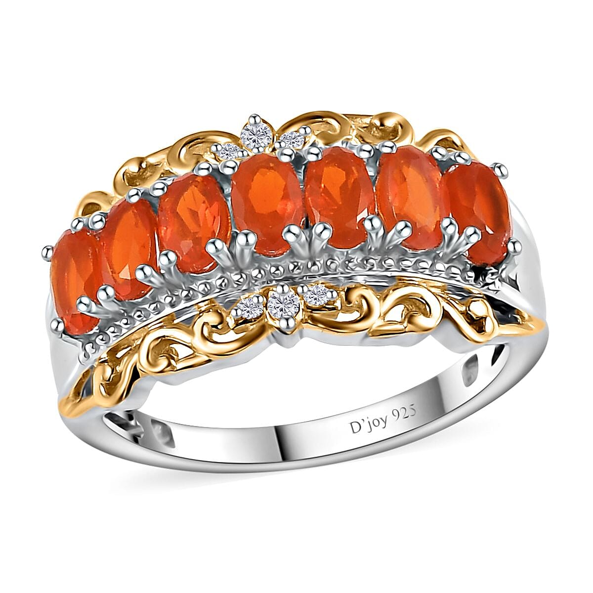 Crimson Fire Opal and Natural White Zircon Ring in Vermeil Yellow Gold and Platinum Over Sterling Silver 1.15 ctw