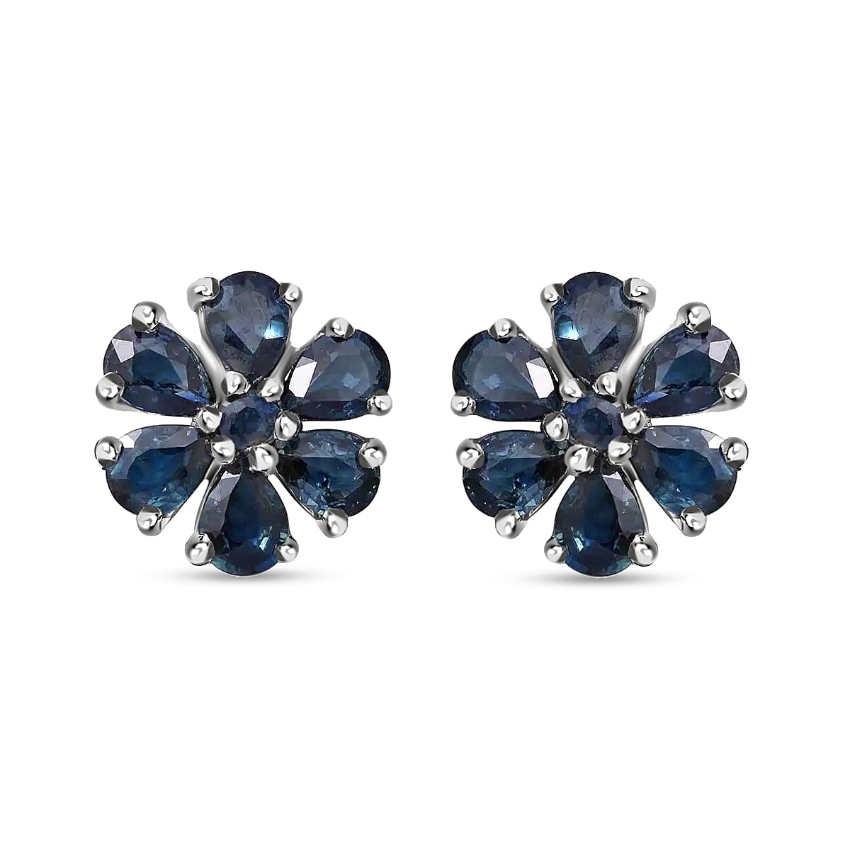 Indigo Sapphire and White Zircon Floral Stud Earrings in Platinum Over Sterling Silver 2.25 ctw