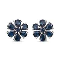 Indigo Sapphire and White Zircon Floral Stud Earrings in Platinum Over Sterling Silver 2.25 ctw
