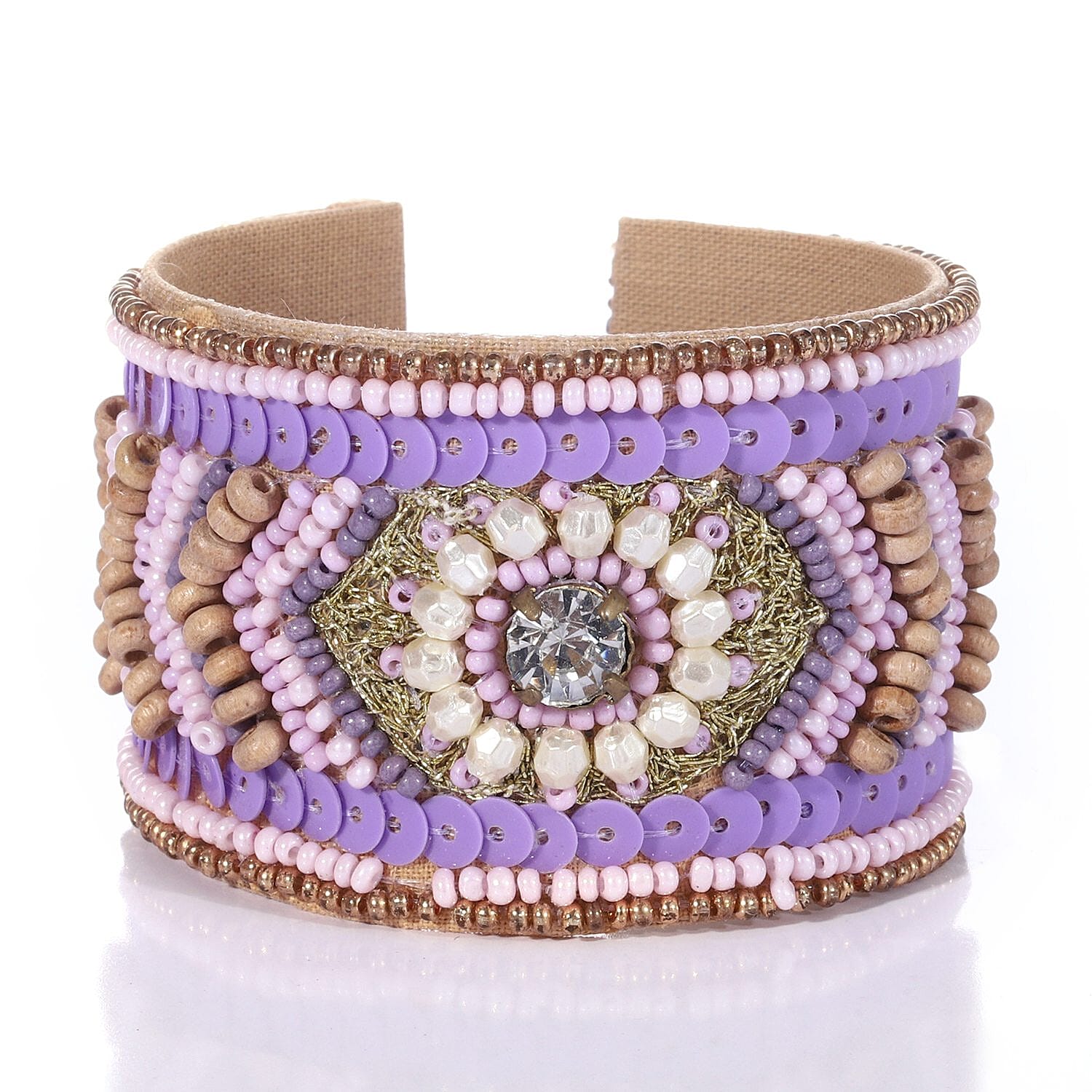 Turquoise Glass Seed Beaded Cuff Bracelet in Goldtone