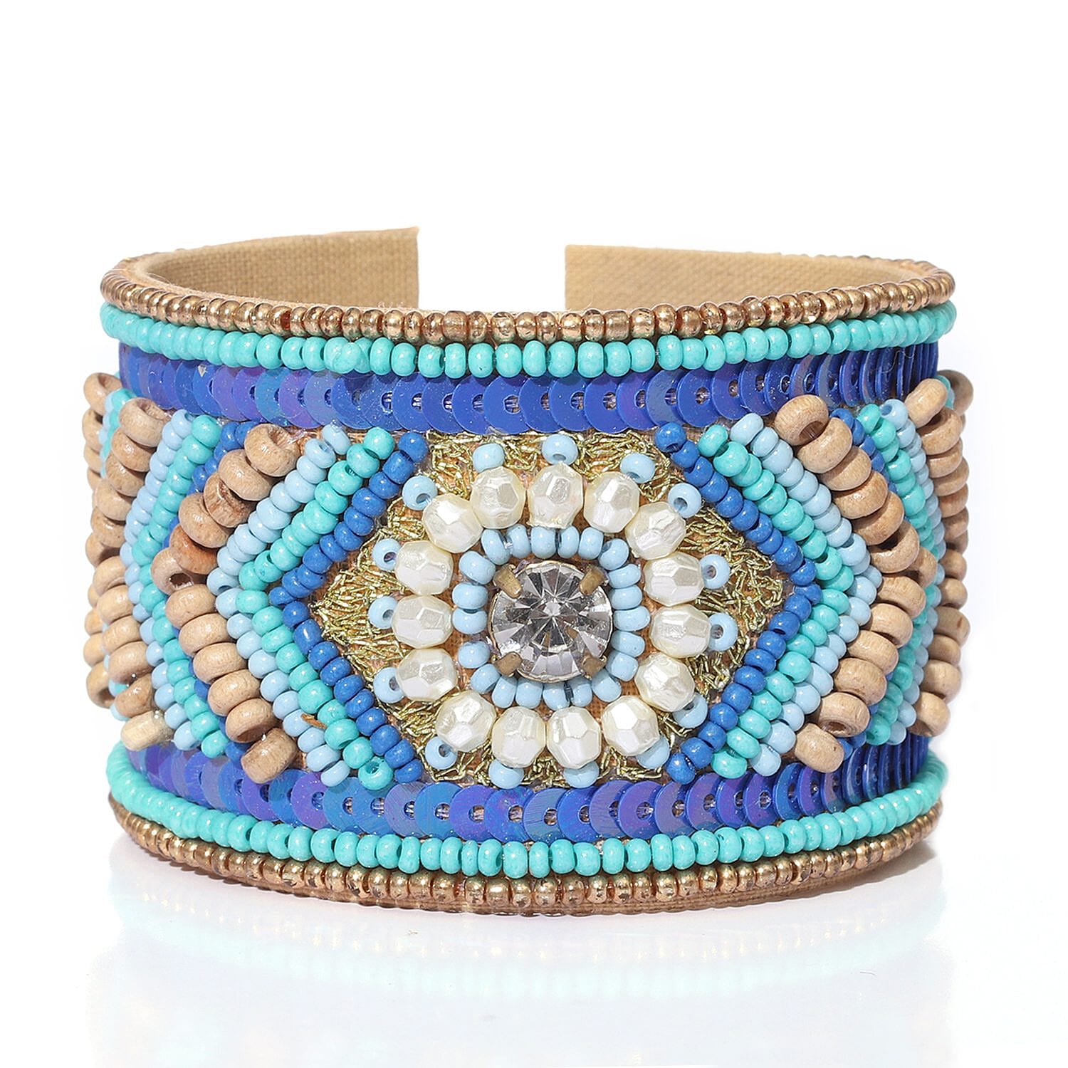 Turquoise Glass Seed Beaded Cuff Bracelet in Goldtone