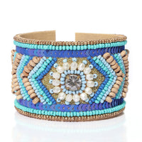 Turquoise Glass Seed Beaded Cuff Bracelet in Goldtone