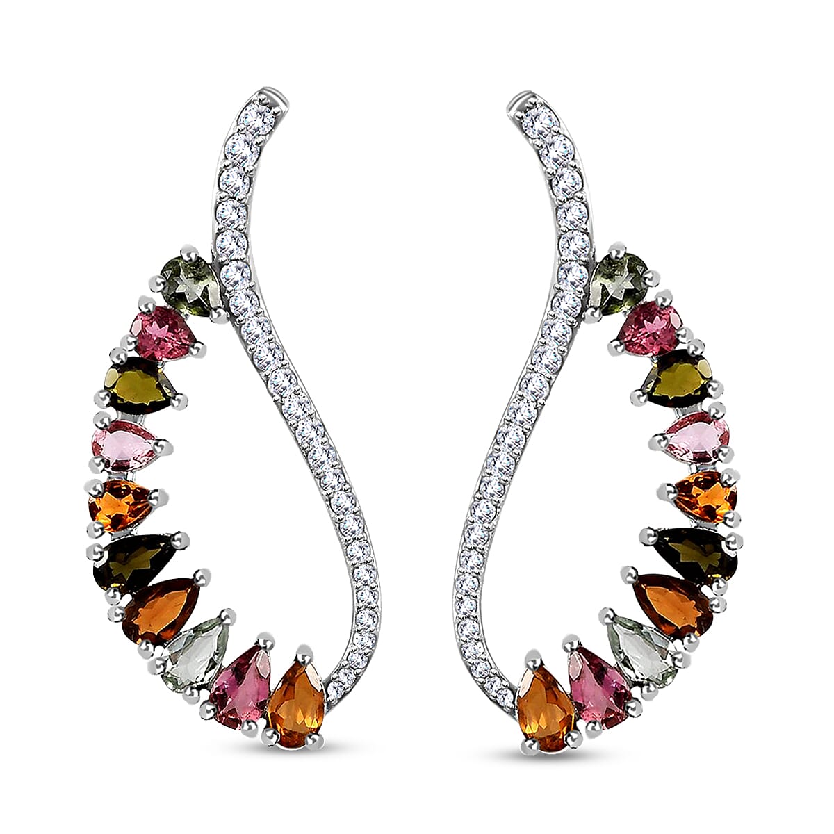 Multi Tourmaline Earrings , Zircon Accent Earrings , Fancy Earrings, Sterling Silver Earrings 4.15 ctw