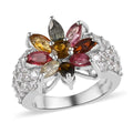 Multi-Tourmaline and Natural White Zircon Floral Ring in Platinum Over Sterling Silver 3.50 ctw - Sticky add to cart bar