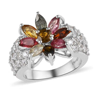 Multi-Tourmaline and Natural White Zircon Floral Ring in Platinum Over Sterling Silver 3.50 ctw