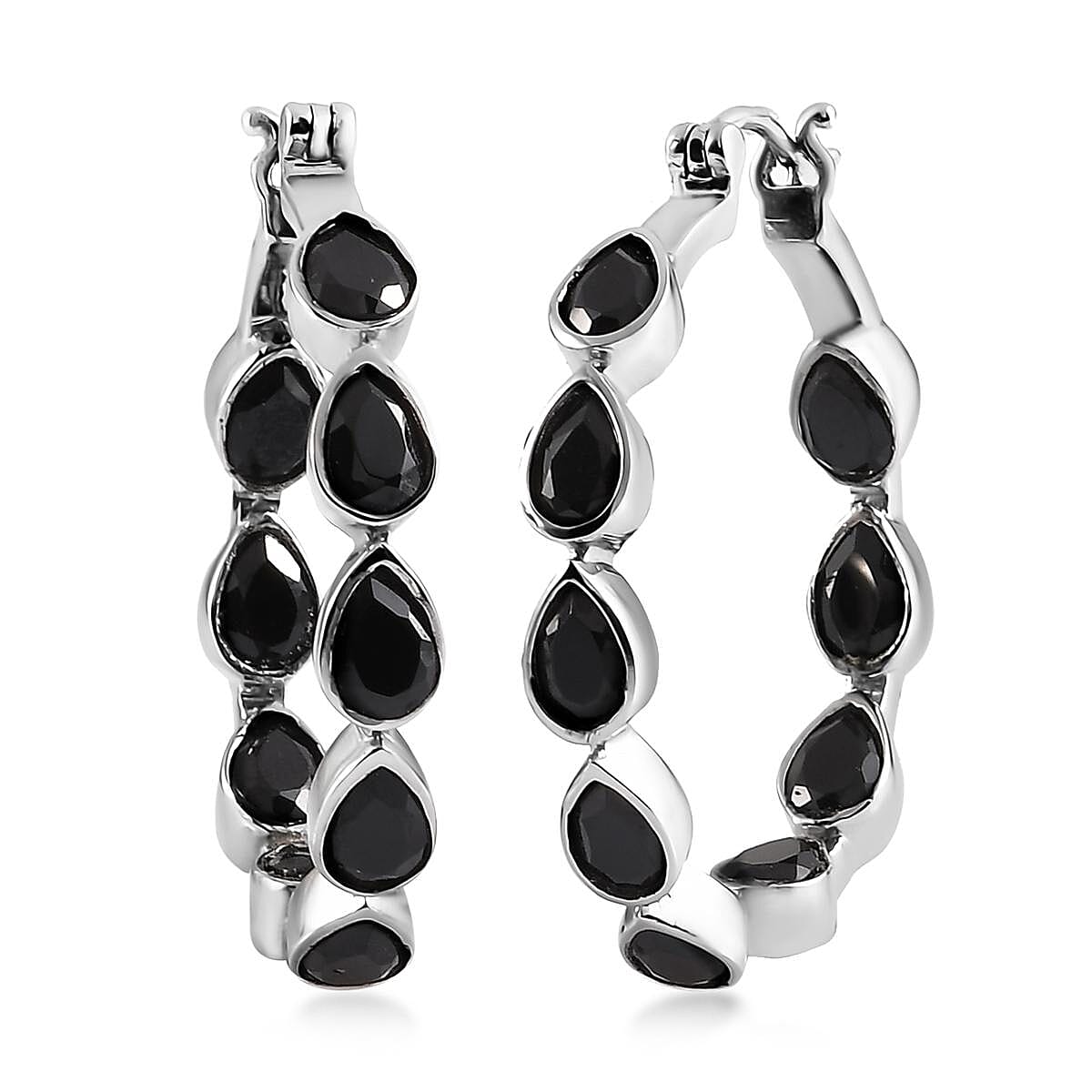 Thai Black Spinel Inside Out Hoop Earrings in Stainless Steel 9.60 ctw