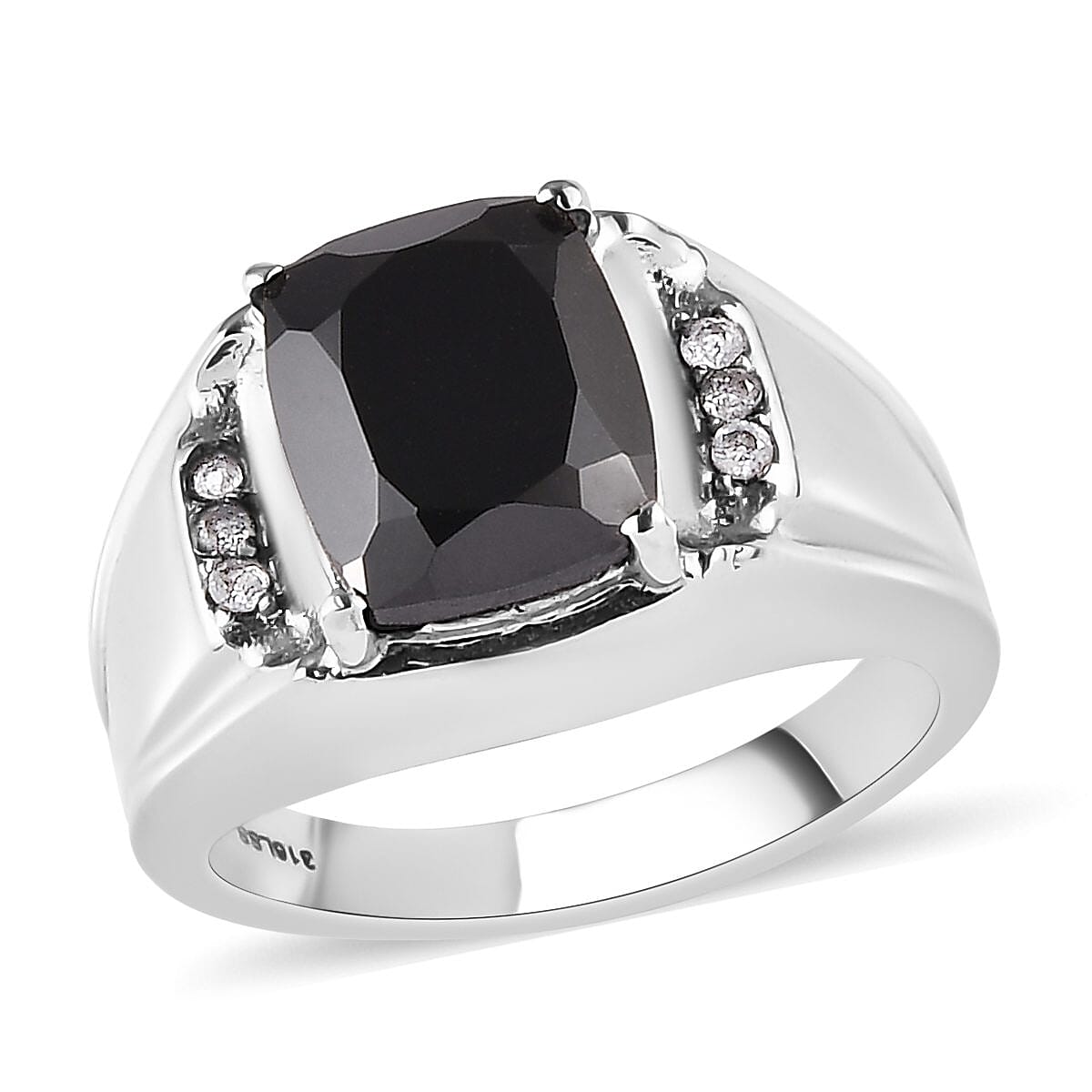 Natural Thai Black Spinel, Natural White Zircon Men's Ring in Stainless Steel (Size 10.0) 5.40 ctw