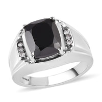 Natural Thai Black Spinel, Natural White Zircon Men's Ring in Stainless Steel (Size 10.0) 5.40 ctw