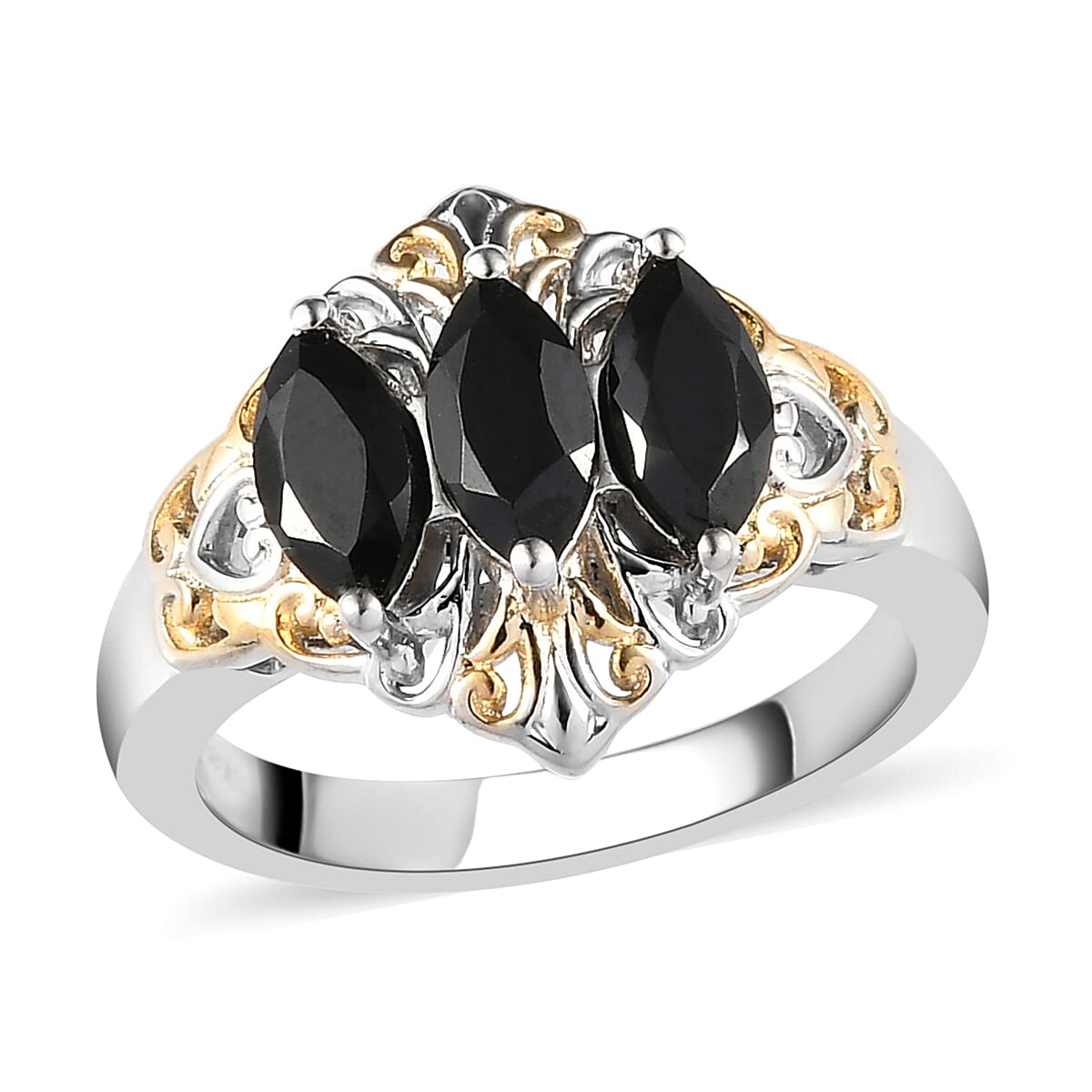 KARIS Natural Thai Black Spinel 3 Stone Ring in 18K Yellow Gold Plated and Platinum Bond 1.50 ctw (1)