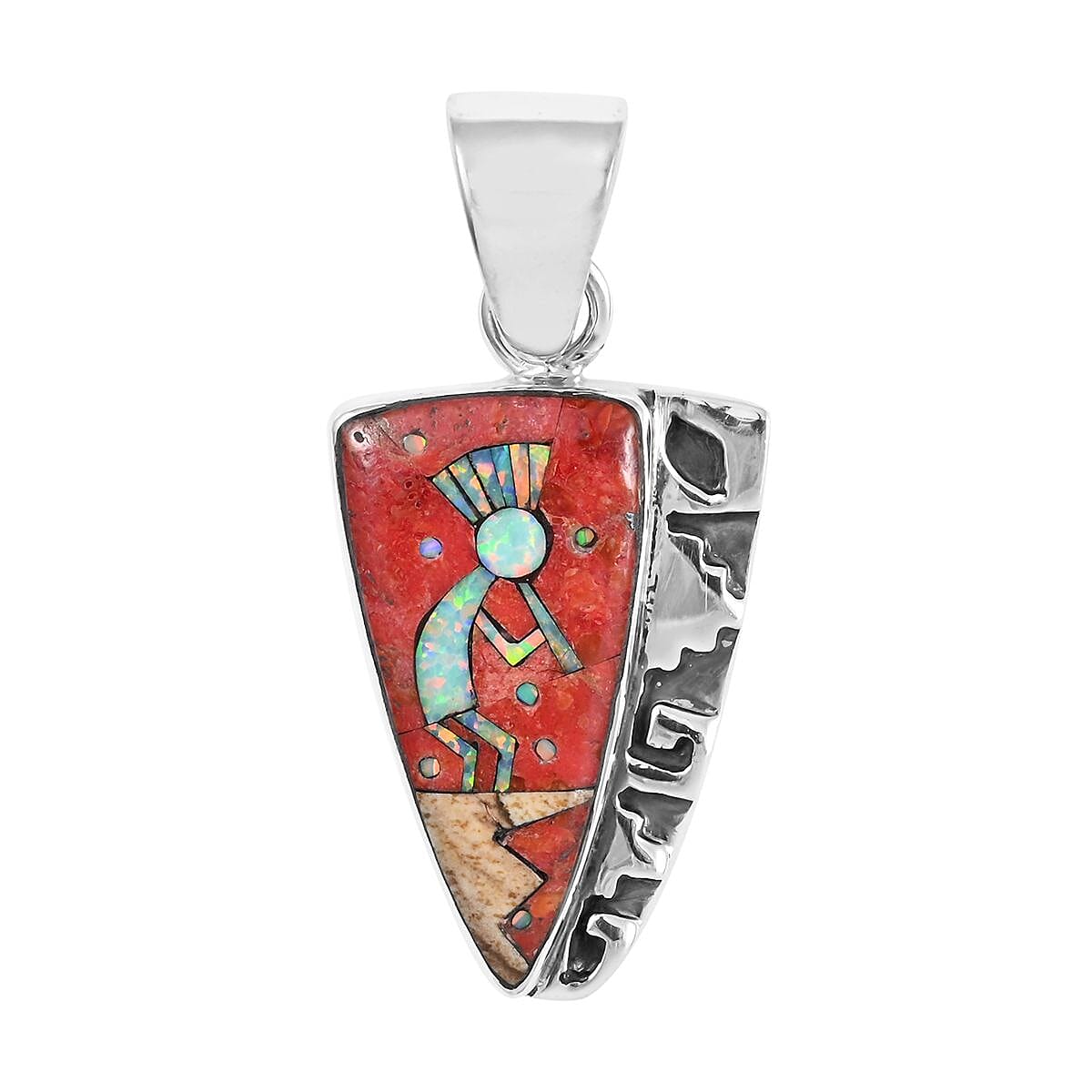 SANTA FE Style Red Spiny Oyster Shell and Multi Gemstone Kokopelli Pendant in Sterling Silver 0.20 ctw