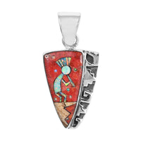 SANTA FE Style Red Spiny Oyster Shell and Multi Gemstone Kokopelli Pendant in Sterling Silver 0.20 ctw