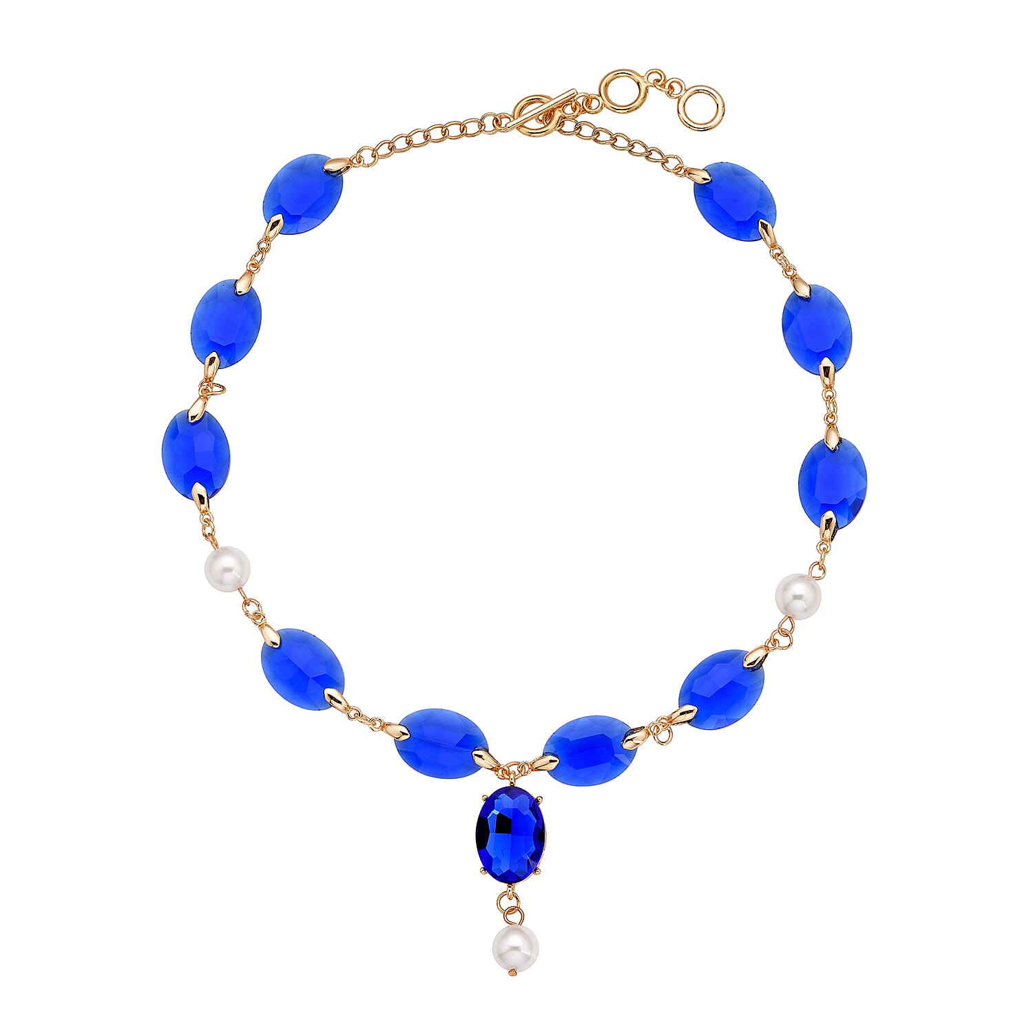 Simulated Blue Sapphire and White Pearl Beaded Necklace 22-23 Inches in Goldtone