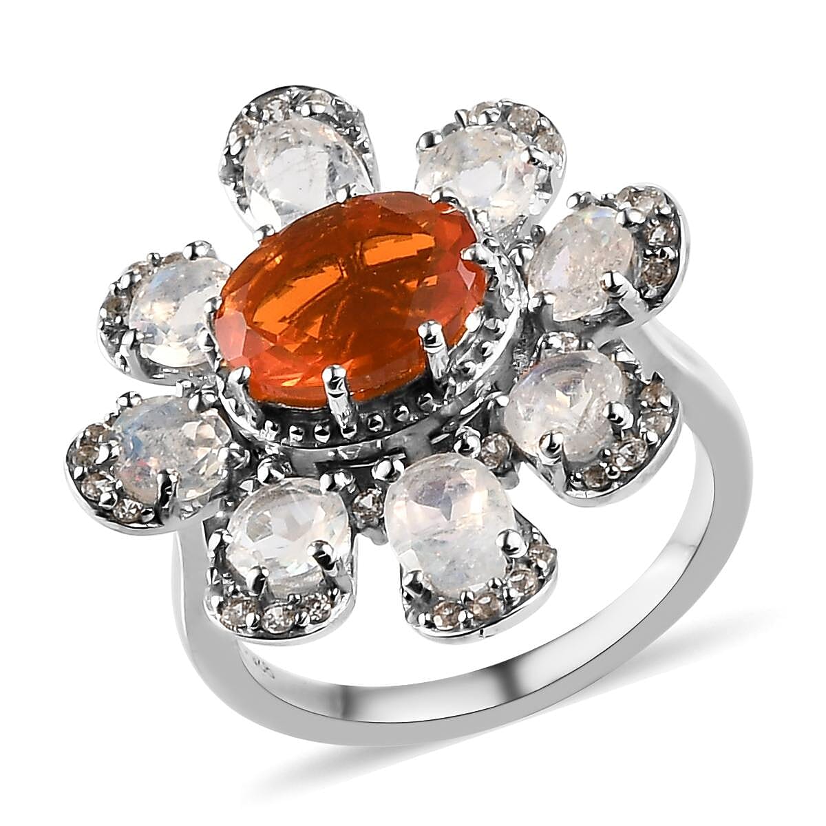 GP Italian Garden Collection Mexican Fire Opal and Multi Gemstone Fire and Ice Ring in Platinum Over Sterling Silver 4.15 ctw