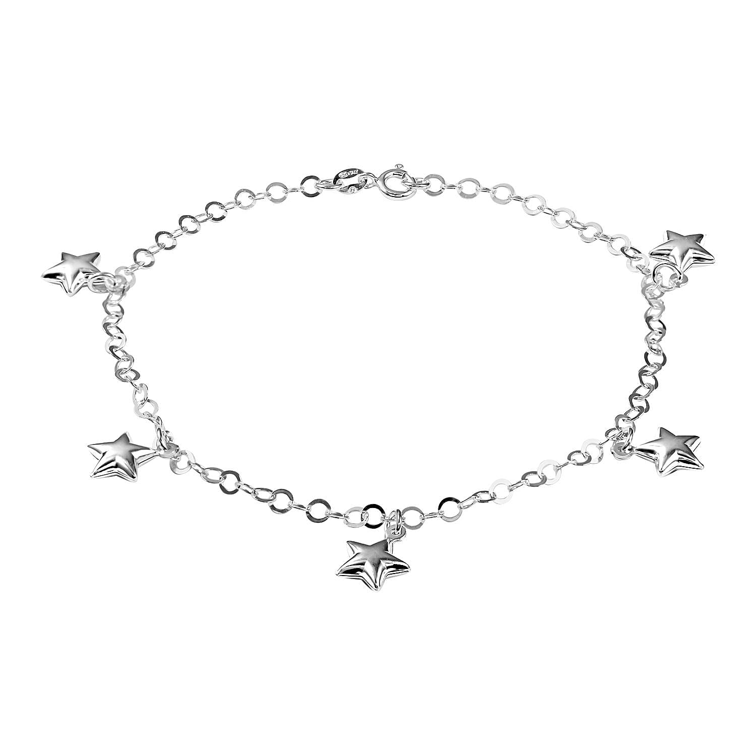 Italian Sterling Silver 3.5mm Rolo Chain Anklet with Star Charms (10 in) (4.20 g)