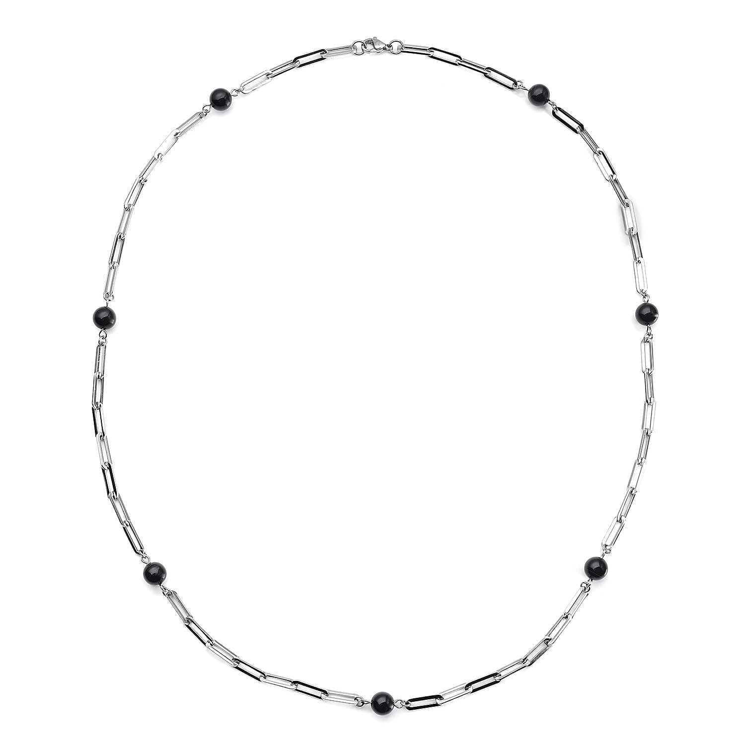 Black Onyx Beaded Paper Clip Station Necklace 28 Inches in Stainless Steel 17.50 ctw