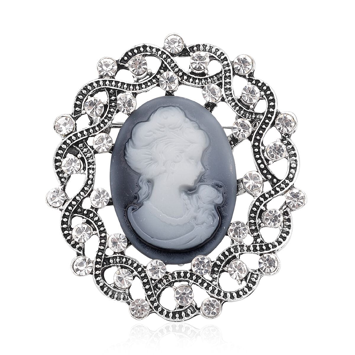 Gray Resin Cameo and Austrian Crystal Brooch Silvertone 20.00 ctw