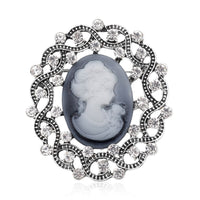 Gray Resin Cameo and Austrian Crystal Brooch Silvertone 20.00 ctw