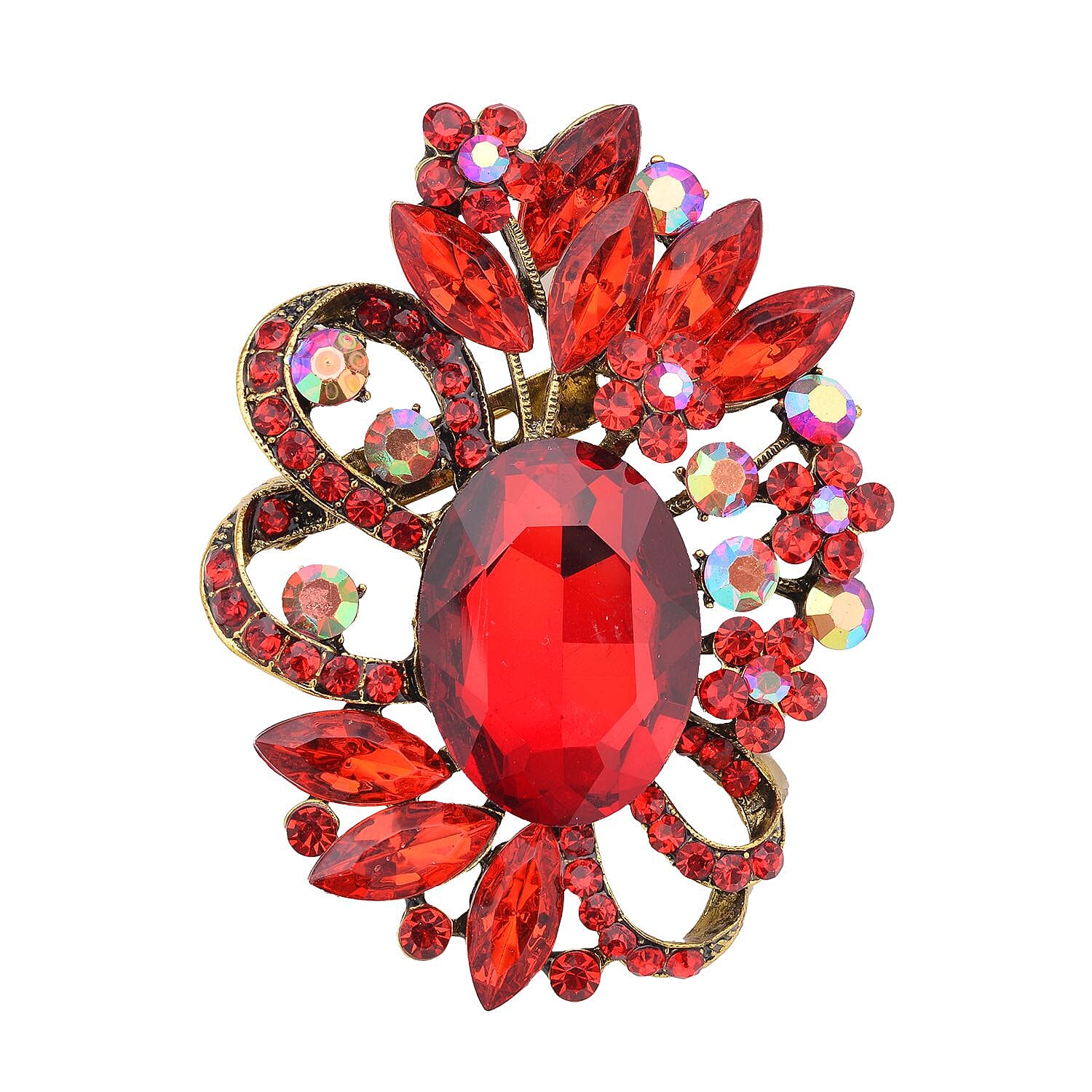 Red Austrian Crystal and Red Glass Floral Brooch in Goldtone