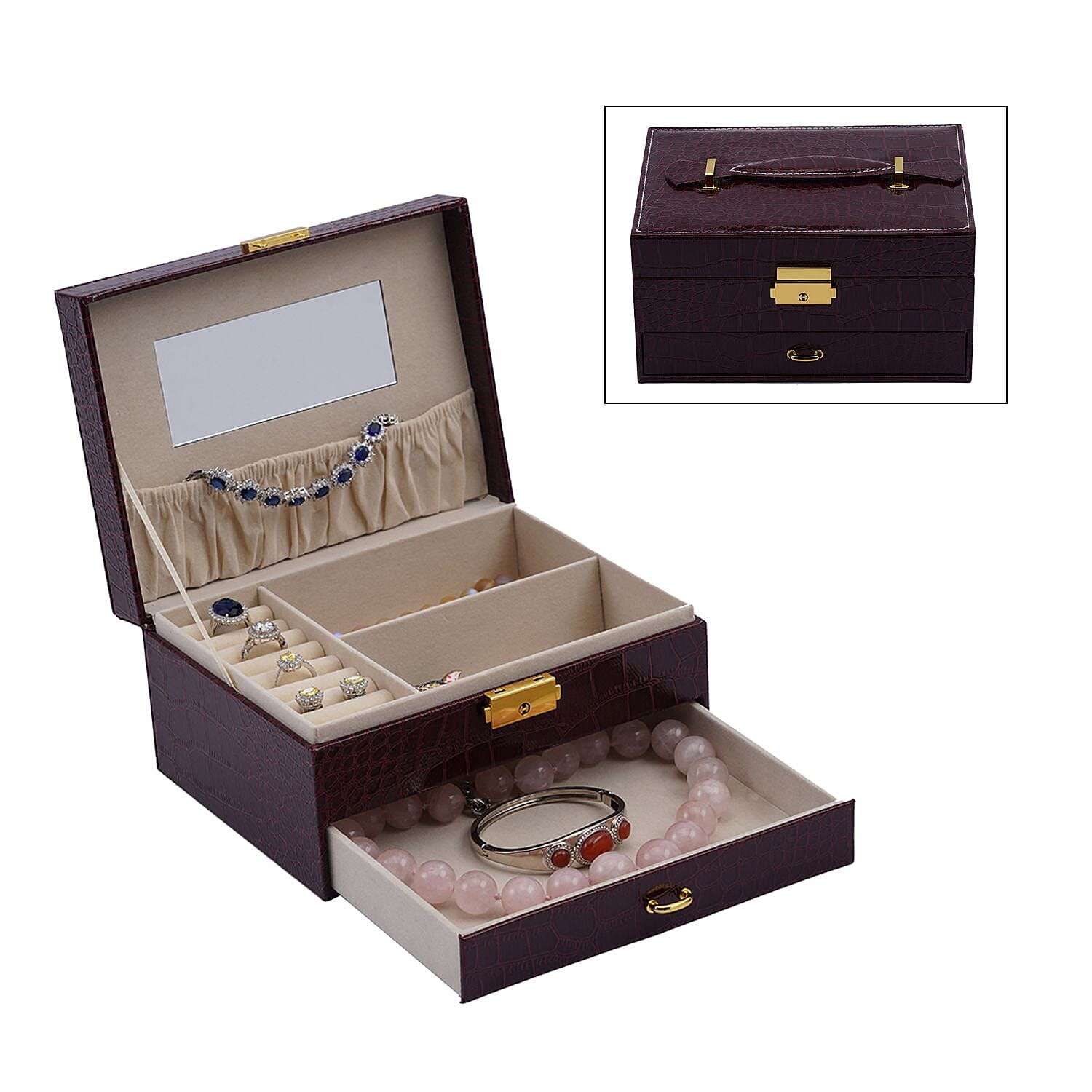Wine Red Croc Embossed 2 Layer Faux Leather Jewelry Box with Lock and Key (8.4"x6.8"x4.5")