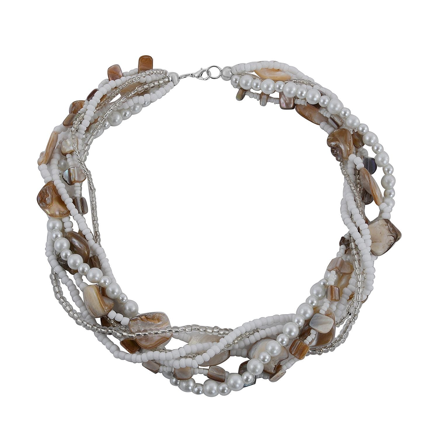 White Seed Beaded with Shell Multi Strand Necklace 20 Inches