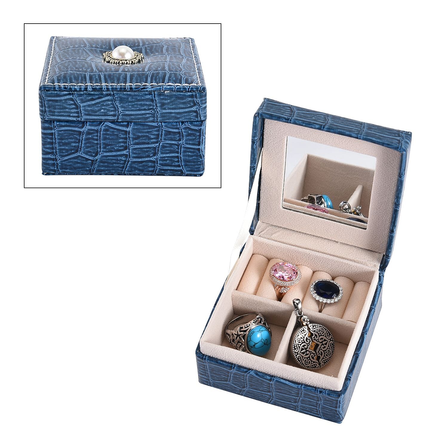 Simulated Pearl Blue Crocodile Pattern Faux Leather Mini Travel Jewelr