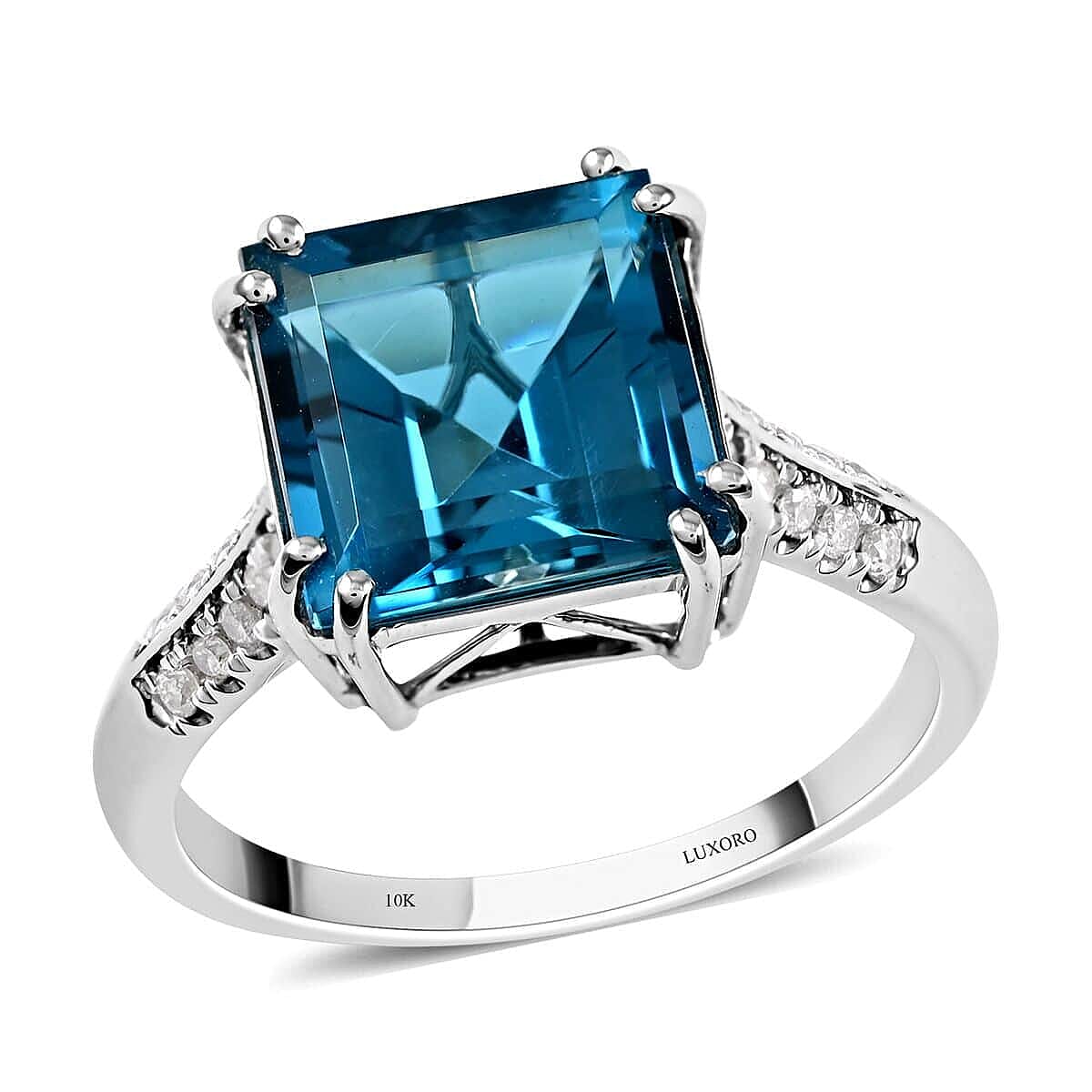 Certified & Appraised Luxoro AAA London Blue Topaz and G-H I1 Diamond 6.15 ctw Ring in 10K White Gold