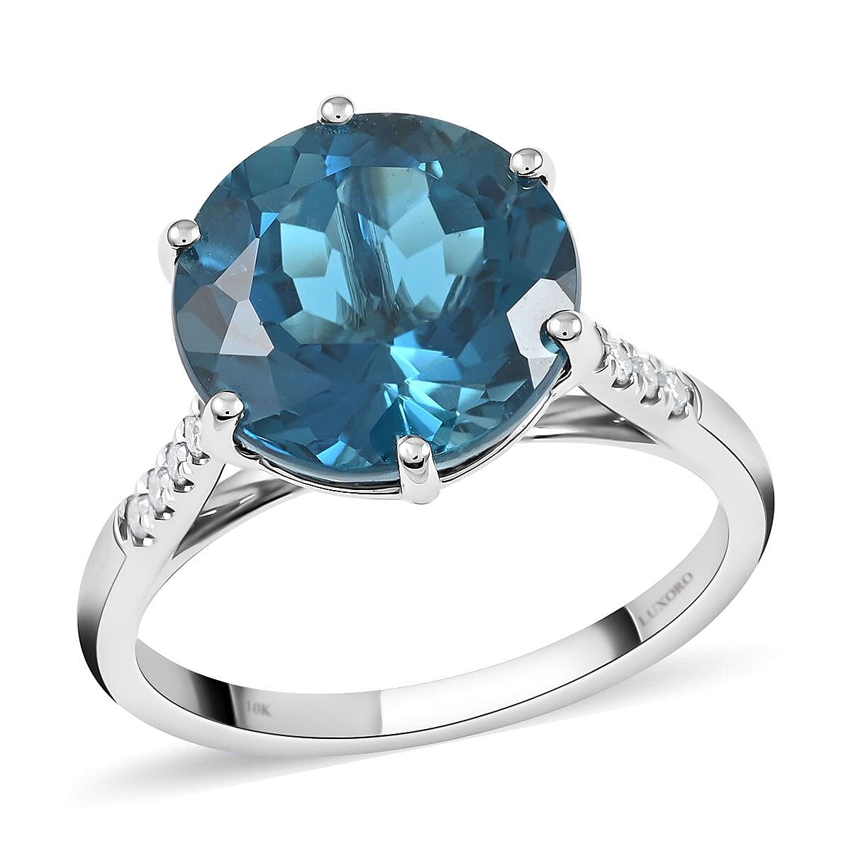 Certified & Appraised Luxoro 10K White Gold AAA London Blue Topaz and G-H I1 Diamond Ring 6.35 ctw
