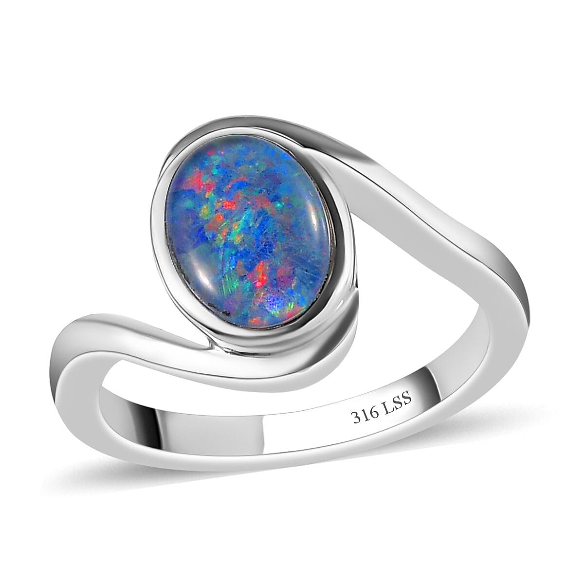 TLV Australian Boulder Opal Triplet Bypass Ring in Stainless Steel (Size 10.0) 0.90 ctw